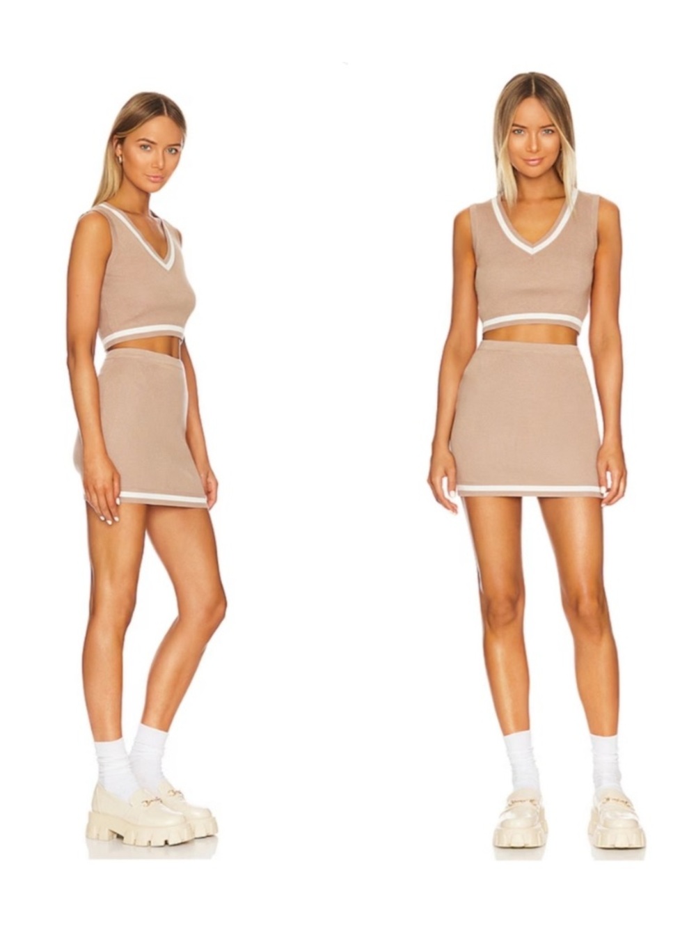 Superdown X REVOLVE Tan Toast Bonnie Varsity Knit Top & Skirt Set